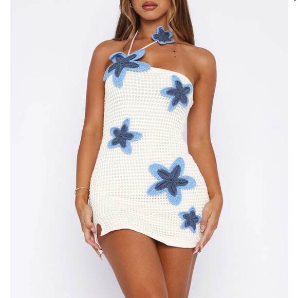Crochet Mini Dress Cream/Blue - Picture 1 of 8